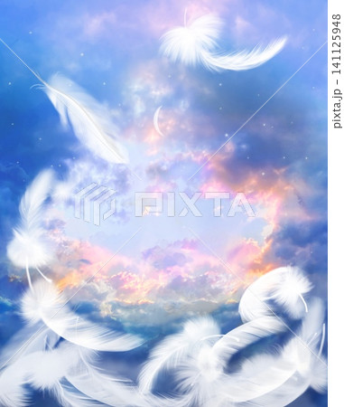 天国へ続く雲の階段とオーロラ色の空と降り注ぐ月光のスピリチュアルな背景画 天国へ続く雲の階段とオーロラ色の空と降り注ぐ月光のスピリチュアルな背景画 141125948