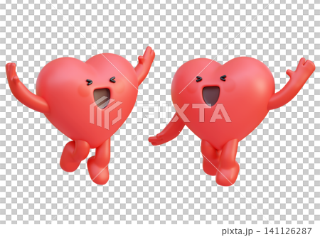 Cheerful 3D Heart Character Jumping for Joy and Celebrating with Both Hands Raised Red Cheerful 3D Heart Character Jumping for Joy and Celebrating with Both Hands Raised Red 141126287