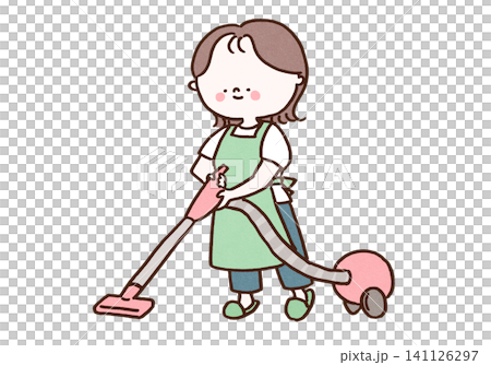 A woman (housewife) smiling as she vacuums and cleans her room. A woman (housewife) smiling as she vacuums and cleans her room. 141126297