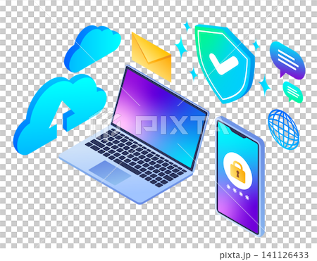 Computer and smartphone icons representing security. Computer and smartphone icons representing security. 141126433