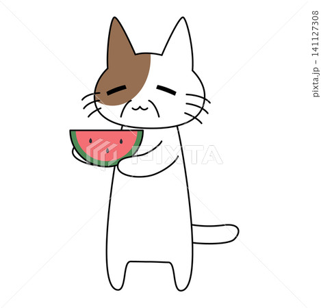 スイカを持つ茶白のシニア猫キャラクターのかわいい夏イラスト 141127308