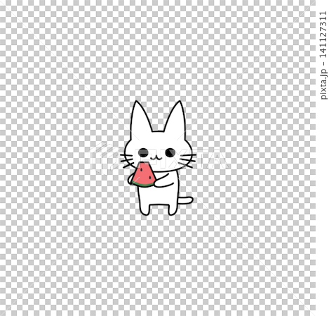 一幅可愛的夏日插畫，畫的是一隻抱著西瓜的小白貓。 141127311