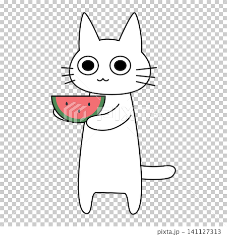 一幅可愛的夏日插畫，畫的是一隻抱著西瓜的白貓。 141127313