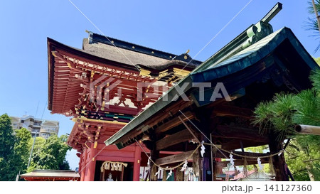 鮮やかな朱色が初夏の青空に映える随神門(ずいじんもん)と手水舎〈伊賀八幡宮/愛知県岡崎市〉 鮮やかな朱色が初夏の青空に映える随神門(ずいじんもん)と手水舎〈伊賀八幡宮/愛知県岡崎市〉 141127360