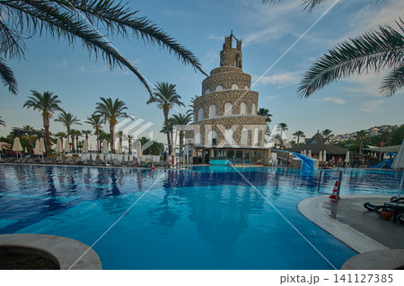 Bodrum, Turkey -June 4 2026: Selectum collection Bodrum is a 5 star all inclusive resort located in Akyarlar Turkey . Picture showing the prominent tower structure at the main pool area, Daylight shot Bodrum, Turkey -June 4 2026: Selectum collection Bodrum is a 5 star all inclusive resort located in Akyarlar Turkey . Picture showing the prominent tower structure at the main pool area, Daylight shot 141127385