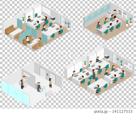 A set of isometric illustrations of various office floors. A set of isometric illustrations of various office floors. 141127533