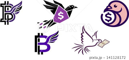 Financial bird logo set with bitcoin and dollar symbols, 5 vector icons of flying birds and currency, purple and black crypto finance branding elements	 141128172