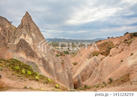 View of rocky landscape with large formations under cloudy sky in a desert area during daytime 141128259