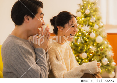 クリスマスプレゼントを渡す若い女性 クリスマスプレゼントを渡す若い女性 141128273