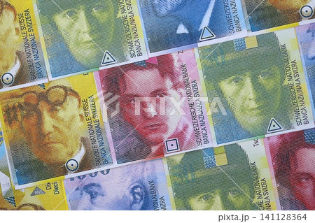 Swiss franc banknotes. The current francs money bills lies on table in big amount close up 141128364