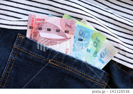 Bahraini dinar money bills in denims pocket. The concept of fashion and wealth Bahraini dinar money bills in denims pocket. The concept of fashion and wealth 141128536