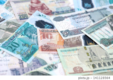 Egyptian pound currency money bills. The current banknotes lies on table in big amount 141128564