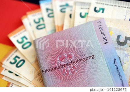 German temporary Permanent resident card specimen and euro money. Fiktionsbescheinigung German temporary Permanent resident card specimen and euro money. Fiktionsbescheinigung 141128675