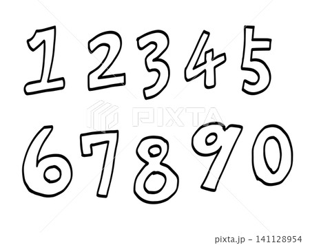 シンプルな手描きの数字セット(0から9のアウトライン線画イラスト) シンプルな手描きの数字セット(0から9のアウトライン線画イラスト) 141128954