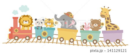 【ベクター】カーブした線路を走る動物汽車とひまわり　かわいい夏のイラスト 141129121