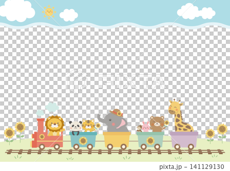 [Vector] Cloud frame and sunflower animal train - Cute summer background illustration (landscape) 141129130