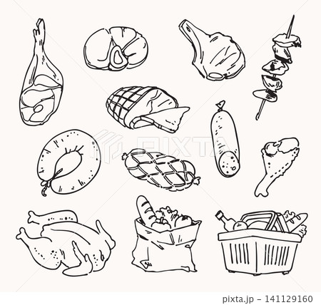 Hand-drawn meat and grocery collection. Vintage sketch style butcher and market illustration set 141129160