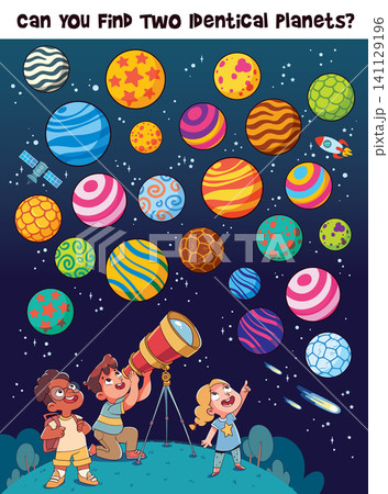 Educational space game for children where kids find two identical planets 141129196