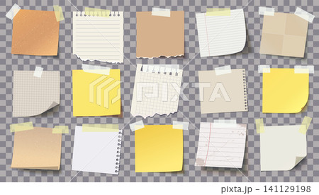 Set of sticky notes and torn notebook pages with tape. Vector illustration 141129198