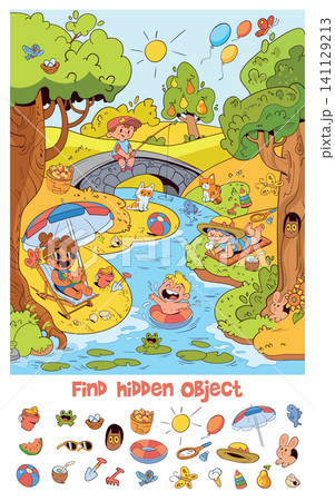 Educational kids illustration. Summer. Find hidden objects Educational kids illustration. Summer. Find hidden objects 141129213