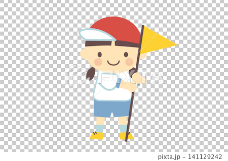 赤白帽を被って旗を持つ体操服を着たかわいい女の子 赤白帽を被って旗を持つ体操服を着たかわいい女の子 141129242