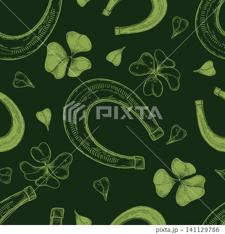 Horseshoe and clover vector seamless pattern on dark green background. Shamrock silhouette and contour drawing repeated. Decorative botanical endless for Saint patrick day. Lucky symbol four leaf. Horseshoe and clover vector seamless pattern on dark green background. Shamrock silhouette and contour drawing repeated. Decorative botanical endless for Saint patrick day. Lucky symbol four leaf. 141129786
