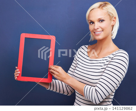 Woman, studio and smile to frame board, presentation and mockup for advertisement, customer and checklist. Options, choice with idea for announcement and notification, information with female person 141129862