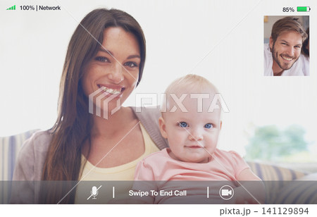 Video call, family and portrait of parents with baby in home for communication, social networking and conversation. Happy, screen and mom, dad and newborn child for bonding, online ui and interface Video call, family and portrait of parents with baby in home for communication, social networking and conversation. Happy, screen and mom, dad and newborn child for bonding, online ui and interface 141129894