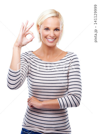 Woman, OK hand gesture and portrait with smile, support and success with feedback or vote on white background. Like, subscribe and emoji with happy review, praise or pride for motivation in studio Woman, OK hand gesture and portrait with smile, support and success with feedback or vote on white background. Like, subscribe and emoji with happy review, praise or pride for motivation in studio 141129999
