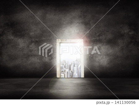 Door, light and world with opportunity in city for career, ambition or path to buildings on a dark studio background. Empty room, frame or sunshine with direction to corporate possibilities on mockup 141130056