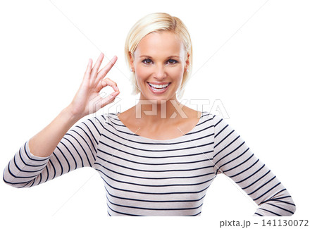 Woman, OK hand gesture and portrait with agreement, support and success for feedback or vote on white background. Like, subscribe and emoji with happy review, praise or pride for motivation in studio 141130072