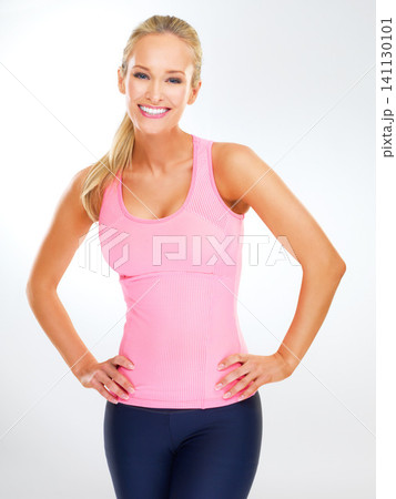 Studio, healthy and portrait of woman, fitness, workout and exercise for wellness and muscle. Adult, female person and girl with happiness of smile with sport clothes and training for care of body Studio, healthy and portrait of woman, fitness, workout and exercise for wellness and muscle. Adult, female person and girl with happiness of smile with sport clothes and training for care of body 141130101