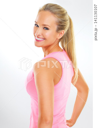 Studio, portrait and happy woman with smile for fitness, personal trainer and sports with mockup space. Female person, workout and training on white background for health and wellness for model girl Studio, portrait and happy woman with smile for fitness, personal trainer and sports with mockup space. Female person, workout and training on white background for health and wellness for model girl 141130107