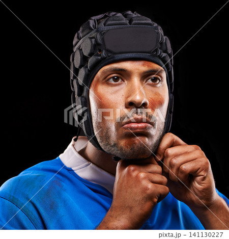 Rugby, studio and man getting ready for training, competition and sportswear on dark background. Athlete, player and young male person with confidence for professional sport, workout or exercise 141130227