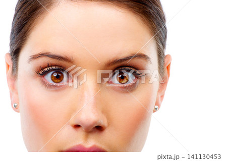 Closeup, portrait and surprise with woman, beauty and announcement isolated on white studio background. Face, person or shocked with model and facial expression with emoji or wellness with wow or omg Closeup, portrait and surprise with woman, beauty and announcement isolated on white studio background. Face, person or shocked with model and facial expression with emoji or wellness with wow or omg 141130453
