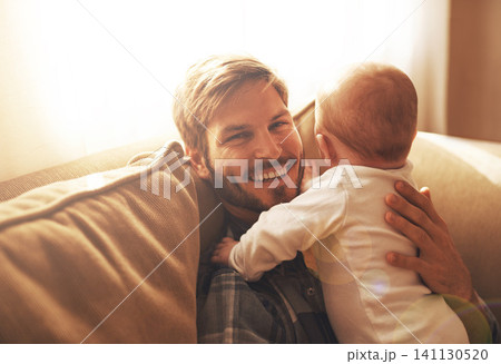 Family, sofa and portrait of father with baby for bonding, relationship and care for parenting. Morning, home and happy dad and newborn infant for child development, love and affection in living room Family, sofa and portrait of father with baby for bonding, relationship and care for parenting. Morning, home and happy dad and newborn infant for child development, love and affection in living room 141130520