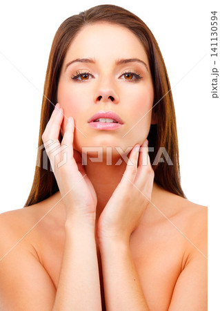 Face, hands and skin with woman for beauty in studio, dermatology with wellness and shine on white background. Skincare, cosmetics and portrait with facial, glow and organic treatment for self care Face, hands and skin with woman for beauty in studio, dermatology with wellness and shine on white background. Skincare, cosmetics and portrait with facial, glow and organic treatment for self care 141130594