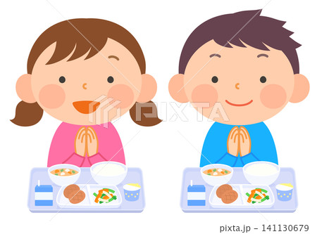 給食を食べている男の子と女の子のカットイラスト① 給食を食べている男の子と女の子のカットイラスト① 141130679