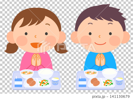 給食を食べている男の子と女の子のカットイラスト① 給食を食べている男の子と女の子のカットイラスト① 141130679