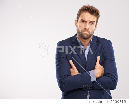 Entrepreneur, man and studio with arms crossed on white background with deadline and business concern. Portrait, entrepreneur and confident with company growth in suit and professional with mockup Entrepreneur, man and studio with arms crossed on white background with deadline and business concern. Portrait, entrepreneur and confident with company growth in suit and professional with mockup 141130716