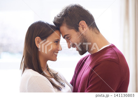 Happy couple, forehead and love with romance for affection, embrace or intimacy in support or care at home. Man and woman with smile in happiness, romantic relationship or bonding on holiday weekend Happy couple, forehead and love with romance for affection, embrace or intimacy in support or care at home. Man and woman with smile in happiness, romantic relationship or bonding on holiday weekend 141130803