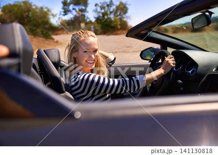Woman, sports car and portrait on road trip, nature and luxury transport on summer drive. Female person, holiday and countryside wellness in convertible outdoors, vacation and adventure in vehicle Woman, sports car and portrait on road trip, nature and luxury transport on summer drive. Female person, holiday and countryside wellness in convertible outdoors, vacation and adventure in vehicle 141130818