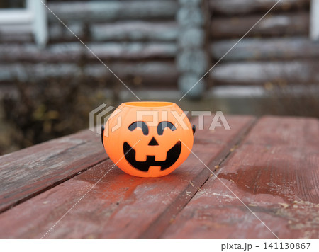 Pumpkin figurine outdoors. Bright orange ceramic pumpkin decoration. Floral arrangement. Late Autumn backyard decor. Fall cold season overcast garden. Rainy cloudy mood. Gloomy attitude, feeling sense 141130867