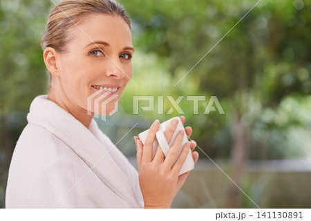 Happy woman, portrait and spa with coffee in relax for morning or hospitality at outdoor resort. Face of female person with smile and enjoying cup or mug of drink for relaxation or caffeine in nature Happy woman, portrait and spa with coffee in relax for morning or hospitality at outdoor resort. Face of female person with smile and enjoying cup or mug of drink for relaxation or caffeine in nature 141130891