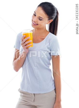 Person, woman and juice in studio for orange, healthy and fresh squeeze for drink and vitamin. Model, nurse and smile with beverage for cold, fruit and refresh for smoothie on white background Person, woman and juice in studio for orange, healthy and fresh squeeze for drink and vitamin. Model, nurse and smile with beverage for cold, fruit and refresh for smoothie on white background 141131105