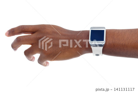 Smartwatch, hand and closeup of man in studio for fitness, workout and running app with technology. Health, sports and digital time on arm of male athlete for training or exercise by white background Smartwatch, hand and closeup of man in studio for fitness, workout and running app with technology. Health, sports and digital time on arm of male athlete for training or exercise by white background 141131117