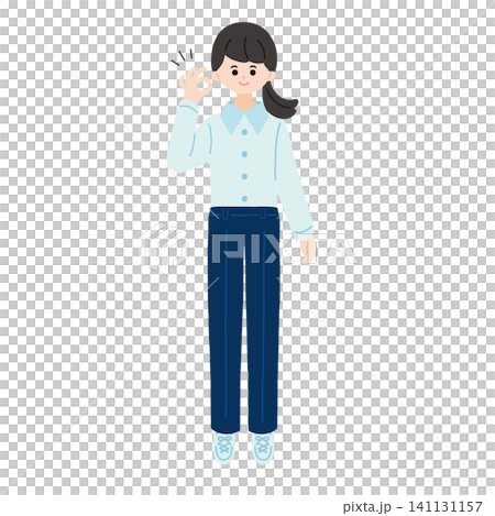 一位女性做出OK手勢的全身插圖。 一位女性做出OK手勢的全身插圖。 141131157