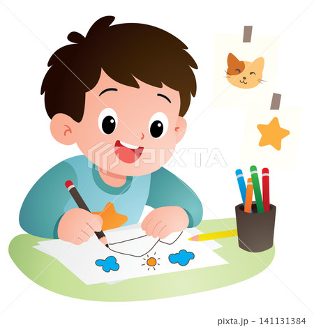 little boy drawing with pencils 141131384