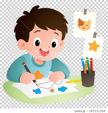little boy drawing with pencils little boy drawing with pencils 141131384