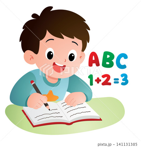 Focused Student Boy Writing in Notebook 141131385